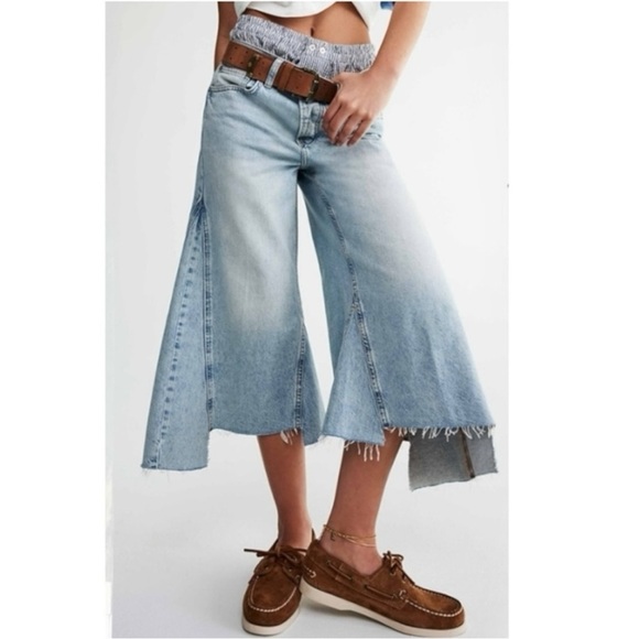 Free People Ripple Wide Leg Crop Jeans Light Wash Size 26 L Culottes Retro 70s - Picture 5 of 15